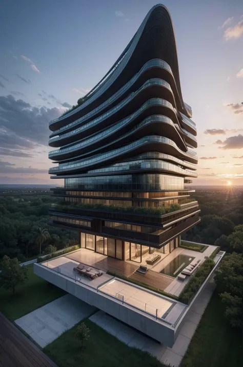 Generate a high resolution image with realistic details of a 7-story Zaha Hadid style building with wood and metal texture, the ground floor of the building must have a reception and an infinity pool with landscape to the horizon, rural landscape at dusk i...