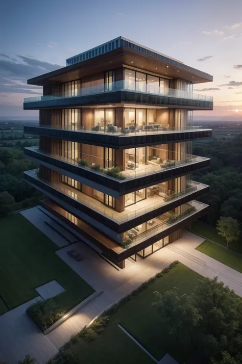 Generate a high resolution image with realistic details of a 7-story Zaha Hadid style building with wood and metal texture, the ground floor of the building must have a reception and an infinity pool with landscape to the horizon, rural landscape at dusk i...