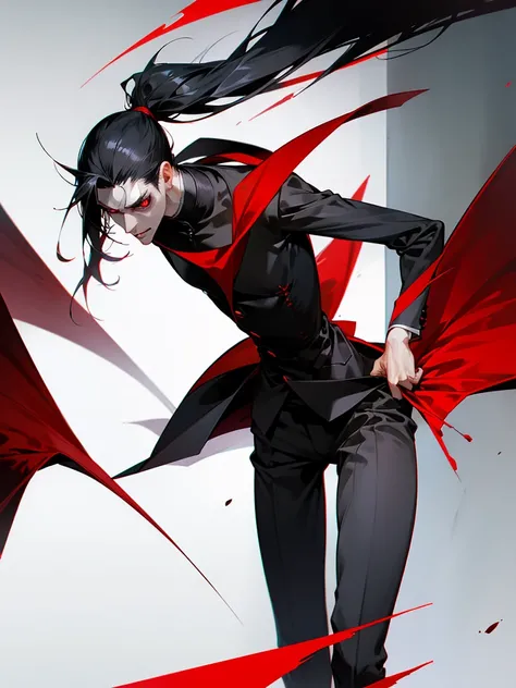 A male with medium-length black hair (Short Ponytail), blood-red eyes, Fair skin, a slender figure, an evil expression (the corners of his mouth are raised), criminal