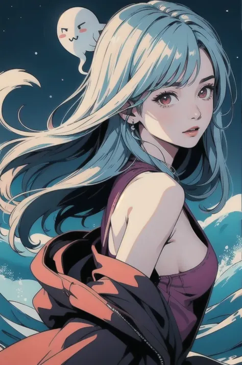 woman、Blue Flame、Ghost、、night、深night、Red eyes、Appear、mysterious、lake、Foggy、turn around、Spirit、fantasy、woman、turn around、Hair blowing in the wind、Copyright Circumvention、Cyan Light、Red eyes、lake、Light clothing、whole body、In the waterで、In the water、