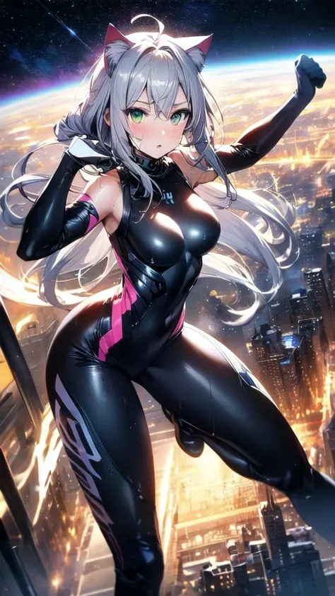 prompts A silver-haired beautiful girl with cat ears eyes are green hair is silver and long clothes: a form-fitting black combat suit The fist is an afterimage The background is a city at night her is in a cat-like fighting pose The year is 14 years monito...