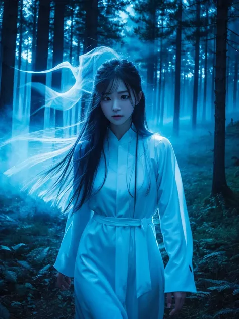 Blue Flame、ghost、Dark Forest、night、深night、Red eyes、Apparition、mysterious、lake、Foggy、turn around、spirit、Illusion、woman、turn around、Hair fluttering in the wind、Copyright circumvention、Blue light、