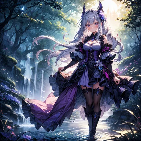 A charming artwork of a mystical and shimmering female character in a magical, moonlit landscape. The full-body view reveals her dressed in glistening purple and silver clothes that catch the light beautifully. Despite her short height, she captivates with...