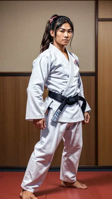 a jiu-jitsu fighter wearing a white kimono, with the black sash tied tightly around the waist. your body is muscular and agile, ...