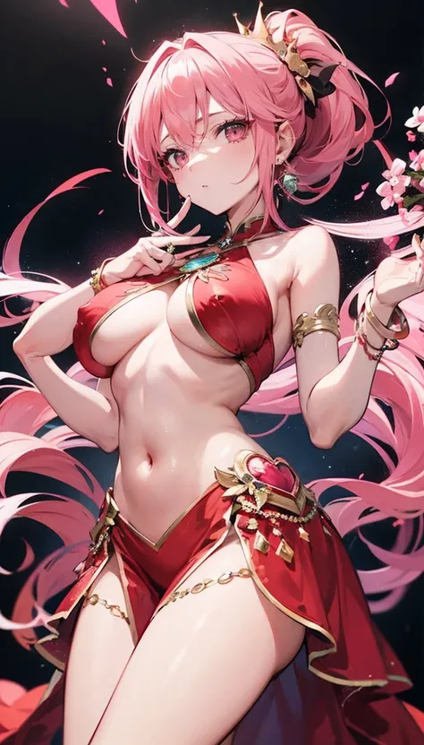 4K.high resolution,one woman,ผมpink,short ponytail,big tits,Hime,ชุดเดรสนักเต้นอาหรับpink,Navel expulsion,red gold bracelet,Gemstone Earrings,Jeweled clothing,queen&#39;s crown,Inside the palace, big breasts,Show your breasts,The cracks are clear...,((big ...