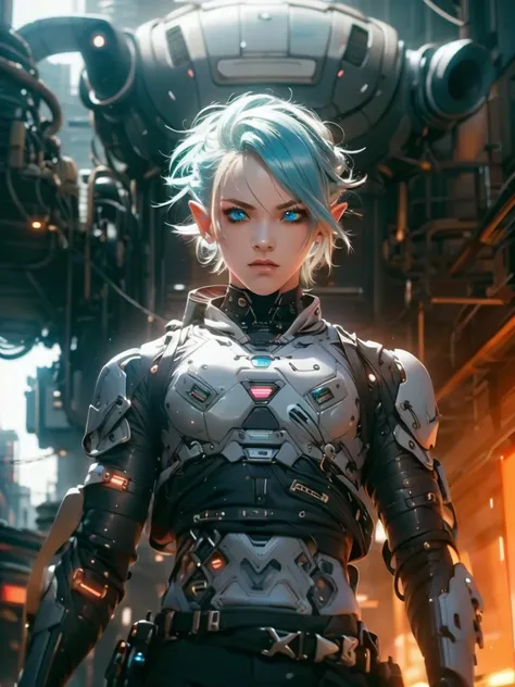 femboy, cyberpunk style, blue hair, blue eyes, 1boy, elf ears, without