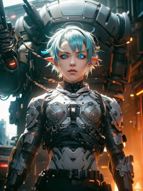 femboy, cyberpunk style, blue hair, blue eyes, 1boy, elf ears, without