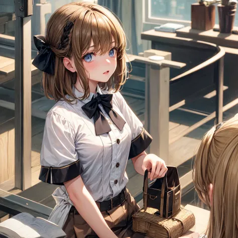 (Extremely refined: 1.2), 1 Girl, Fashion Girl, Bangs, beautiful eyes, bow, Brown hair, Shut up, sideways, Hair between the eyes, hair bow, Short sleeve, Looking at the audience, Medium Length Hair, Solitary, Upper Body, Uniforms: 1.3, ((Solitary)), (maste...