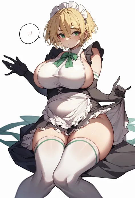 (One girl)、(short hair)、((Blonde))、（Sato Air）、boyish、(Big super breasts)、[Chubby]、beautiful girl、green eye、Maid clothes、No sleeve、mini skirt、White sleeveless、((hairs between eyes))、((thigh-high socks thighhighs))、(long gloves)、say、White Background、