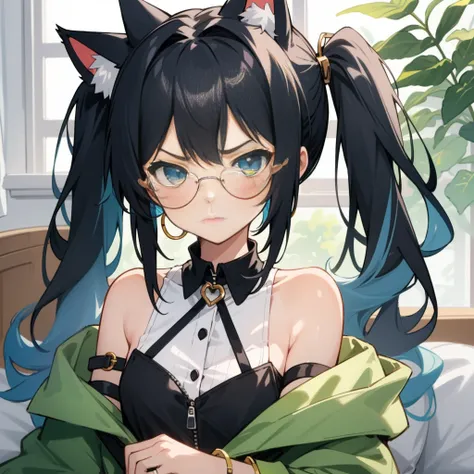 1girl, long hair, (twintails), cat ears, black cat ears, portrait, multicolored hair, black hair, sidelocks, blue hair, wavy hair, eyeliner, jewelry, o-ring, neck ring, buttons, round sunglasses, glasses on head, bracelet, bare shoulders, green jacket, off...