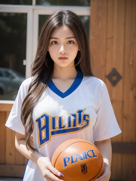 1 girl standing, wearing basket ball shirt, very detail, realistic, holding ball, 27 years old, long hair