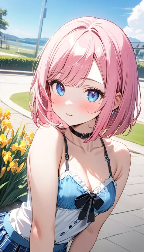 (1 girl),(Best Picture Quality, 8K, Masterpiece:1.3), (16years:1.5), ((pink lob hair:1.1)), (bob cut),(swept bangs), (cute eyes, pupil black, iris skyblue, youthful face), (mole under right eye), (standard weight), (small breasts), (glistening skin:1.1),(p...