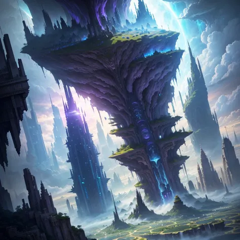 A huge fantastical sci-fi city, aether city, Fantasy，Another World Adventure，Great Heaven，floating aerial metropolis,Skyscrapers、Huge construction，Super huge waterfall，mysterious，Fantasy， towering skyscrapers, massive waterfall, celestial planets in the sk...