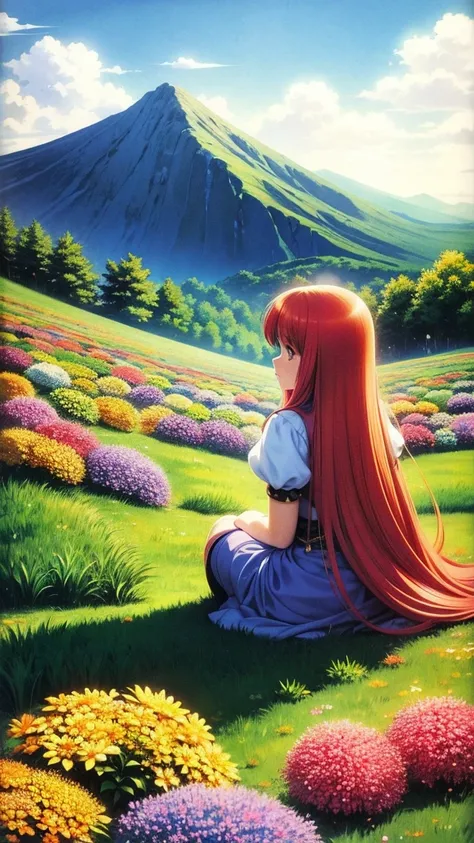 anime-style illustration, The image shows a young woman sitting on the grass watching overlooks the vast expanse of clear blue sky and mountain, flower colorful color blue red green purple yellow, fantasy world medieval, rocks, The scene is depicted in a h...