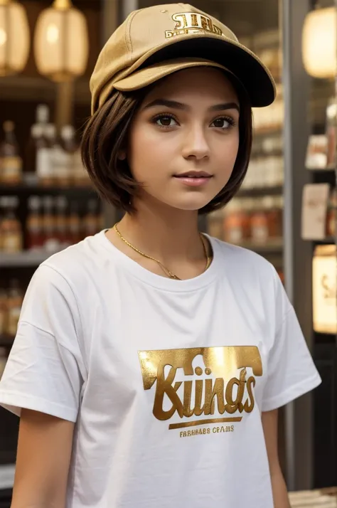 A girl with short brown hair wearing a cap that says cashier sofii, white t-shirt with France in gold that says Bulls King 