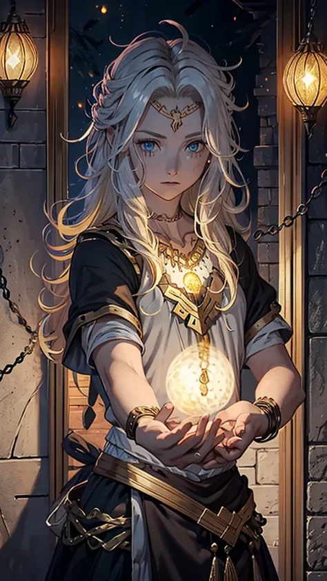 I have the image of an RPG character who has short messy blonde hair, golden eyes , a thin silver chain necklace with a silver scale pendant, a medieval black cloth outfit,  a red cloth tied around the waist, some black bracelets have a very serene appeara...