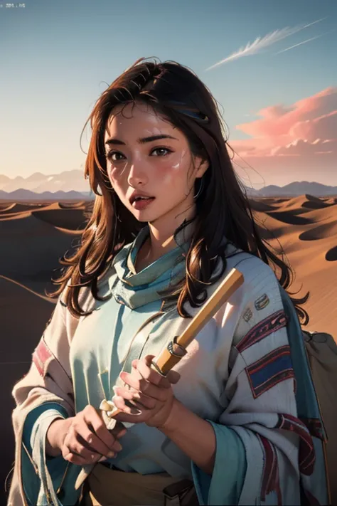 masterpiece, Transitioning desert landscape at sunset, Lonely Person, A beautiful 20-year-old woman appears dressed in nomadic clothing., Post-apocalyptic clothing. Layers of tattered cloth, unconventional accessories, 風化した外観はbornき残りと回復力のオーラを醸し出す, 16K, Ult...