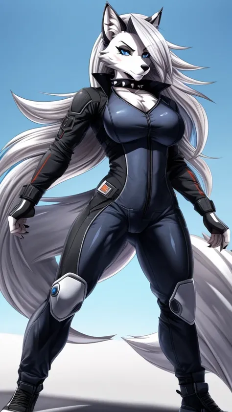 Loona from Helluva Boss, female wolf, anthro, white hair, blue eyes, mature adult, tall, muscular, tomboy, massive female, white fullbody battle combat suit, standing, solo, beautiful, high quality, clear background, manhwa style, 4K