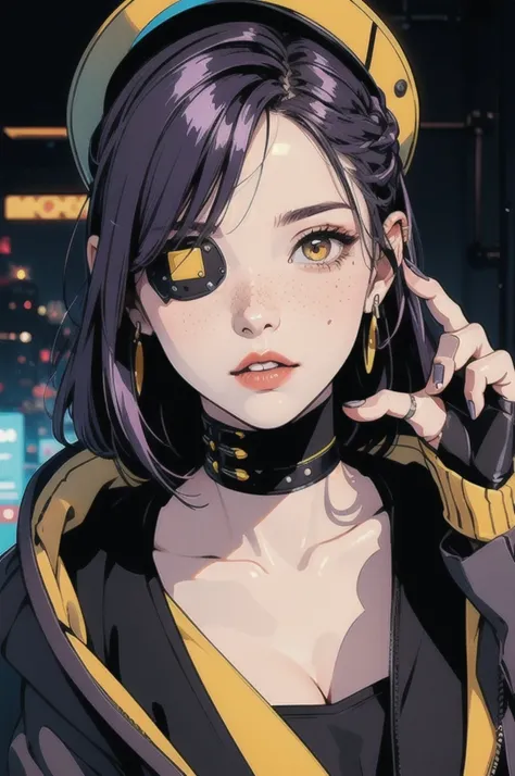 One girl,alone,colorful,Yellow Eyes,cyber punk,city,peace sign,Earrings,Purple Hair,Eye patch,freckles,Prosthesis,Mechanic,neon,Beautiful lighting,Purple reflection,cap,smoking,Character Focus,CG illustration,Bust Shot,Yellow and black costume,Black Hair,