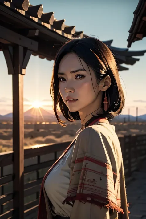 masterpiece, Transitioning desert landscape at sunset, Lonely Person, A beautiful 20-year-old woman appears dressed in nomadic clothing., Post-apocalyptic clothing. Layers of tattered cloth, unconventional accessories, 風化した外観はbornき残りと回復力のオーラを醸し出す, 16K, Ult...