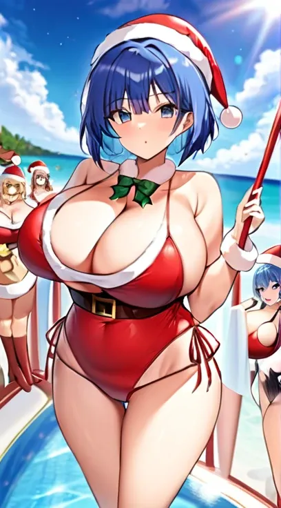 Santa costume,Swimwear,Big Breasts,Multiple births,Blue Hair,Bobcut