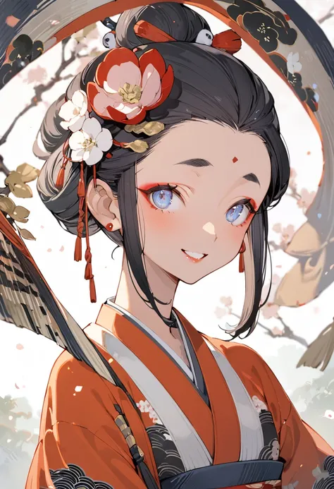 ( best quality:1.2), 1 Girl only,((ukiyoe)),big smiling, Exquisite makeup, Exquisite eyes, Eye detail,forehead