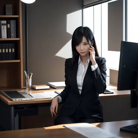 The image shows、Picture a businesswoman up to no good in a modern office.。She is wearing a smart business suit、Sitting at a desk、He has a cunning look on his face, as if he is plotting a plan.。There is a sharp light in your eyes、There is a meaningful smile...