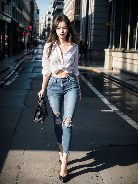 (((Full body image of a woman))), Instagram Model . Full body portrait of a fashion model, Glamour, Long black wavy hair, (((Bright Blue Eyes))), Mischievous Smile, Very detailed顔, Very fine grain. Large chest. ((Low rise jeans that fit snugly against the ...