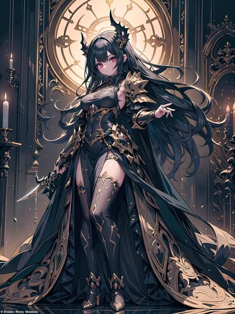 A breathtaking artwork of a female character of unimaginable beauty, set in a dark and opulent environment. The full-body view reveals an impressive figure, exuding an aura of power and mystery. She wears black and gold clothes, radiating a luxurious darkn...