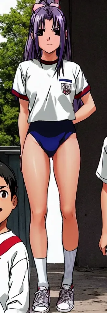 Momoko Koigakubo, a tall girl with beautiful legs, is wearing white gym clothes and light navy blue bloomers that look like panties, and is standing with her legs spread to the sides, smiling. A boy in his second year of elementary school is standing there...