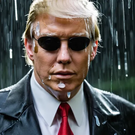 cinematic film still of donald trump posing as neo in matrix film, posing in a heroic-style, using hand telepathy to hold dozens...