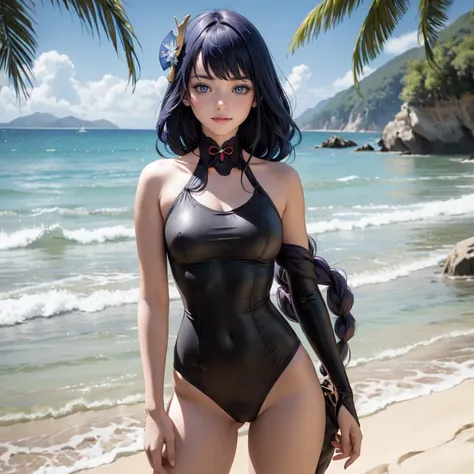 Raiden Shogun, Genshin Impact, 1 girl, ornament hair, swim suit, gloves, wave hair, long hair, braided hair, purple hair, beach scene, sea on focus, white swim suit, more details on her clothes, sea, smiling, ornament hair, long hair, palm trees, Looking a...