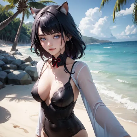 Raiden Shogun, Genshin Impact, 1 girl, ornament hair, swim suit, gloves, wave hair, long hair, braided hair, purple hair, beach scene, sea on focus, white swim suit, more details on her clothes, sea, smiling, ornament hair, long hair, palm trees, Looking a...