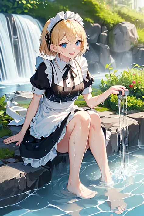 (Super best quality:1.6), (Highest quality:1.4), (Attention to detail:1.4), (Ultra-high resolution:1.6), (Detailed face), 
(Maid clothes, White apron, Headband, Black Dress, ribbon, Maid clothes, Classic, Long:1.4), (白と黒のMaid clothes), Blonde, Blue Eyes, C...