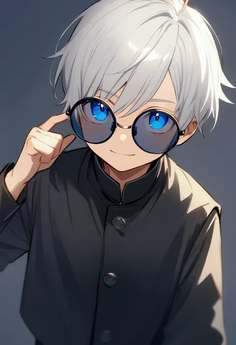 ((best quality)) ((detailed)) a boy little  with short white hair, blue eyes and with a slight smile as he looked at the viewer, simple background, he was wearing a black jacket with long sleeves, and some circular sunglasses 