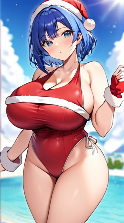 Santa costume,Swimwear,Big Breasts,Multiple births,Blue Hair,Bobcut