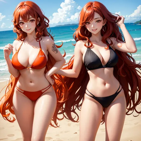 Curly hair woman, red and orange hair, black almond eyes, the expression is relaxed but with a smile,the background is a beach, with not so revealing clothes, with a tattoo of a jellyfish, long hair, an ear piercing 