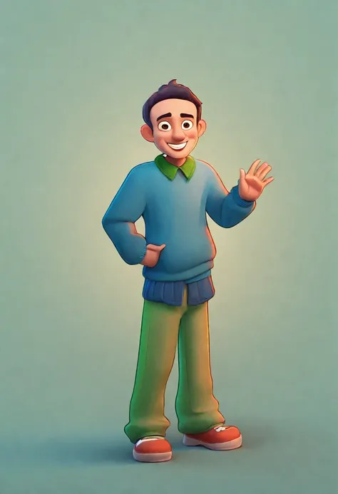 cartoon of a man in a blue sweater and green pants, animation character, full body character, pose casual, Full body portrait of the character, in cartoon style, full body of a single character, detailed character, unique full body character, character pos...