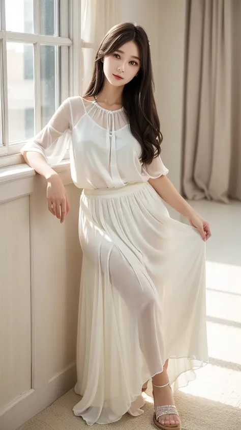 Chiffon blouse、Chiffon maxi skirt 、White Room、(Highest quality)、((Very detailed))、4K、(8K)、masterpiece、Very detailedな、Highest quality、Super Resolution、1 person、Kind Face、Soft Light、RAW quality、Soft Skin、163cm、30 years old、Sandals