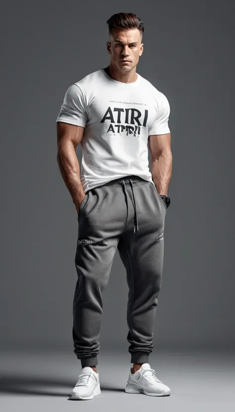 A muscular elefhant dressed in a white t-shirt and dark gray sweatpants, illustration, text watermark signature (Atipiri), at bottom right, typography, cinematic, 3d render, photo, poster, fashion