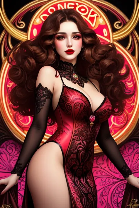 Neon Chaos, a charming aesthetic woman with wavy brown hair, bright red lipstick and brown eyes. Neon Art Nouveau style. Every detail is carefully thought out - from the intricate design of her dress to the expressiveness of her face - creating a visually ...