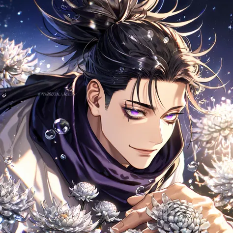 absurdres, highres, ultra detailed, HDR, master piece, best quality, extremely detailed, Choso, black hair, hair tied in two spiked high ponytails, expressive purple eyes, Jujutsu Kaisen, solo, sexy man, handsome, smile, white clothes, black scarf, fantasy...