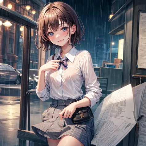 (8K, Top quality, masterpiece: 1.2), (Practical, photoPractical: 1.37), Very detailed, 1 girl, 17 years old, Solitary, small breasts, Beautiful and detailed sky, Detailed café, night, (blush), (Smile: 1.15), (Shut up), small, (Collared shirt: 1.1), night, ...