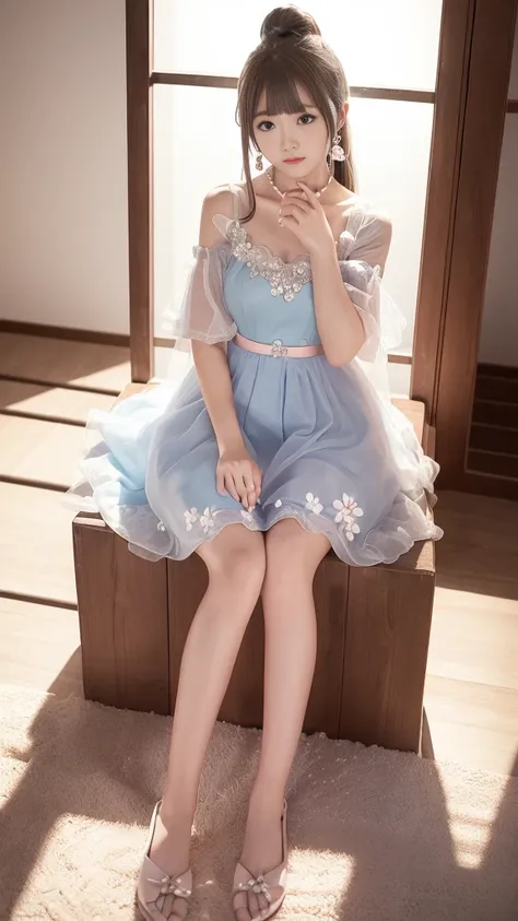 Sweet Girls Clothes 2,Pearl Necklace,Blue Dress,flower,Realistically, high resolution, 1 female, Solitary, (Delicate face), Brown hair, blue eyes、beautiful 、cleveage、mix４, (Best Illustration Award: 1.1), (The best shadow: 1.1), Express、Radiant skin。Practic...