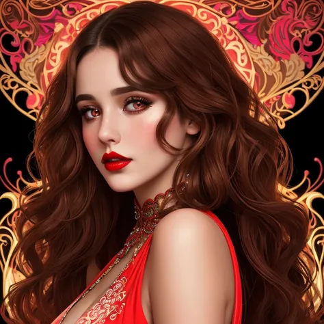 Neon Chaos, a charming aesthetic woman with wavy brown hair, bright red lipstick and brown eyes. Neon Art Nouveau style. Every detail is carefully thought out - from the intricate design of her dress to the expressiveness of her face - creating a visually ...