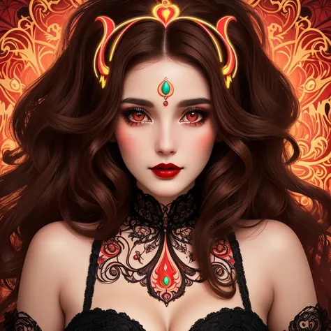 Neon Chaos, a charming aesthetic woman with wavy brown hair, bright red lipstick and brown eyes. Neon Art Nouveau style. Every detail is carefully thought out - from the intricate design of her dress to the expressiveness of her face - creating a visually ...