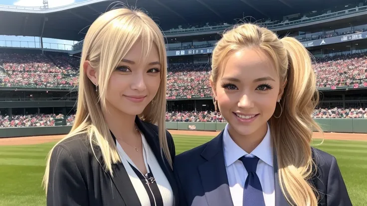 A female announcer in a suit is broadcasting live from Koshien Stadium.。Blonde ponytail。smile