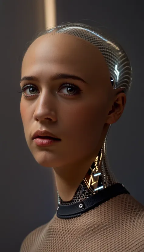 a beautiful cyborg android woman, portrait, transparent skin, looking directly at the viewer, (best quality,4k,8k,highres,master...