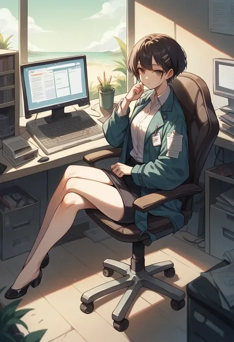 score_9, score_8_up, score_7_up, source_anime, There is a woman, headphone, with coat, sitting on chair, a PC, office, cozy, there is a beach outside