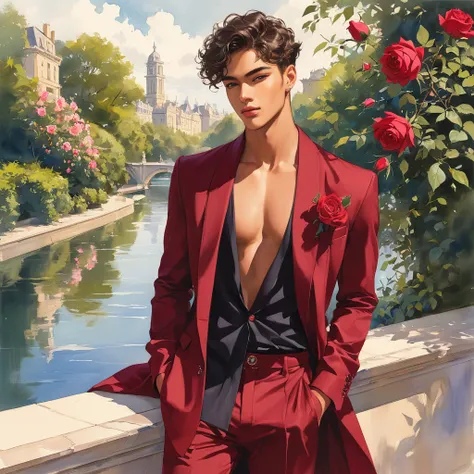 candid fashion illustration of young Mixed race male supermodel, aged 18 year old, the design inspired by the price rose from David Austin Rose, a charismatic and sophisticated figure dressed in a casual yet elegant deep red outfit. He is a striking presen...